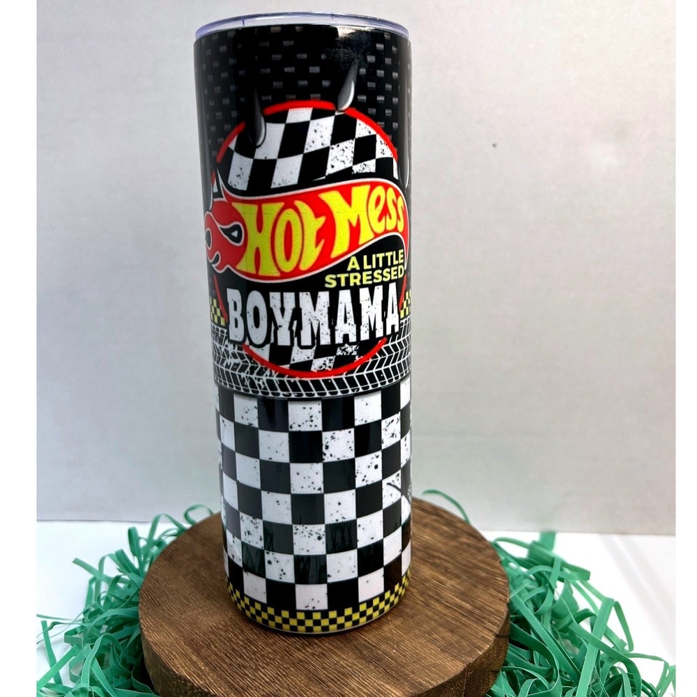 Hot Mess Boymama Racing Tumbler 20oz Stainless Steel Checkered Flag Travel Mug